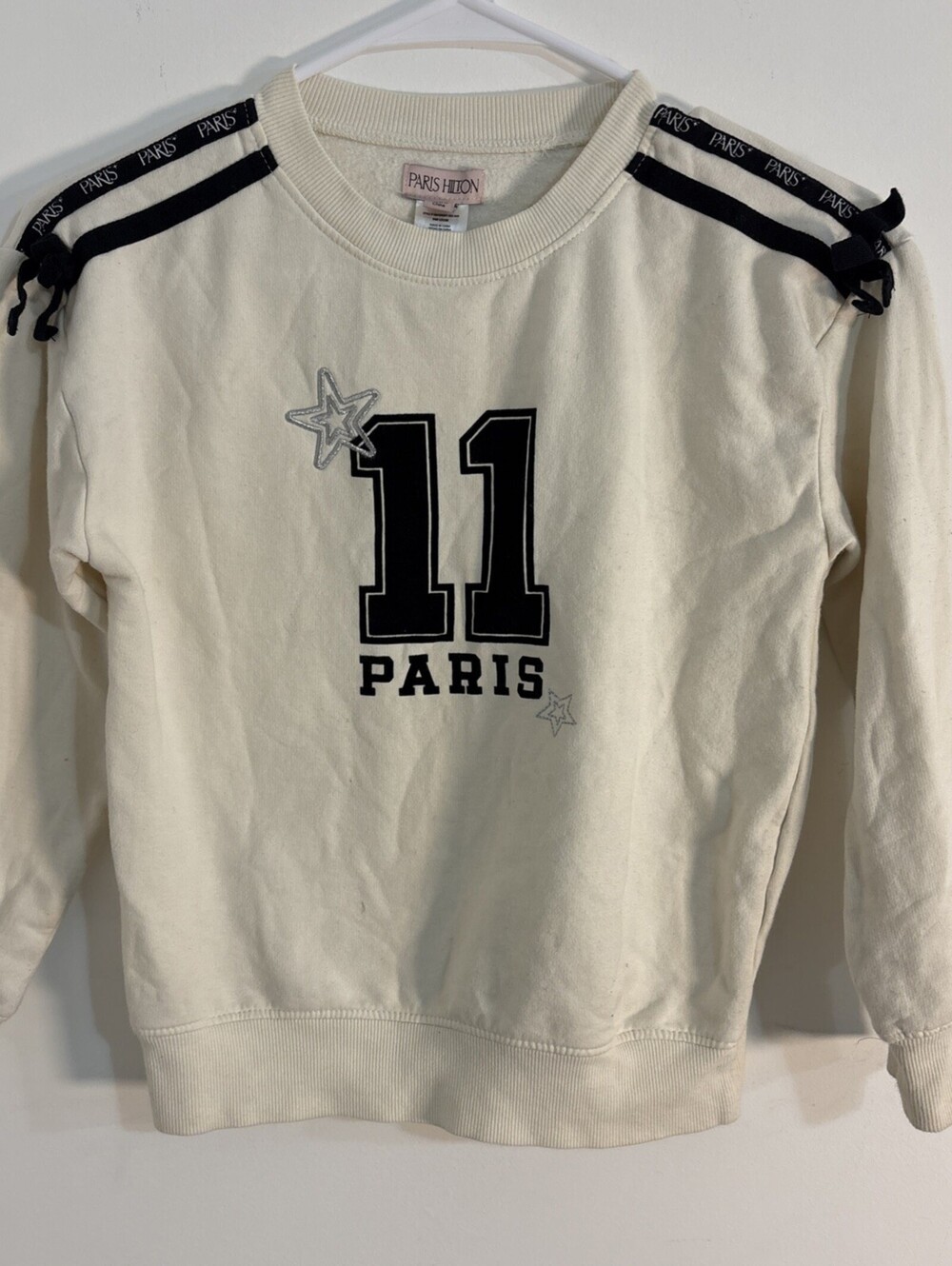 Paris Hilton Kids Crop Sweatshirt Cream 11 Graphic Shoulder Tape Size 12